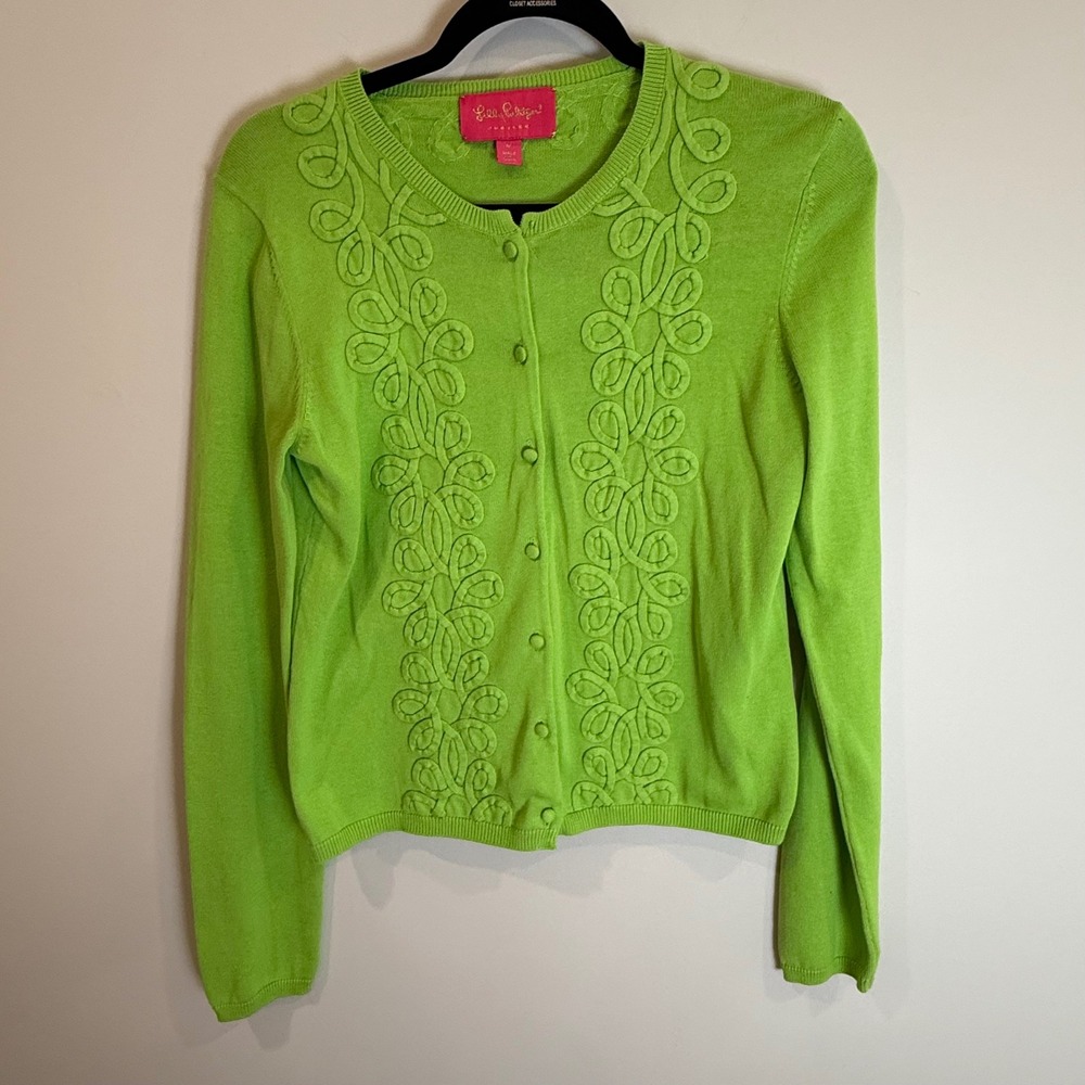 Lilly Pulitzer Jubilee Green Embroidered Button Up Cardigan Sweater Womens M